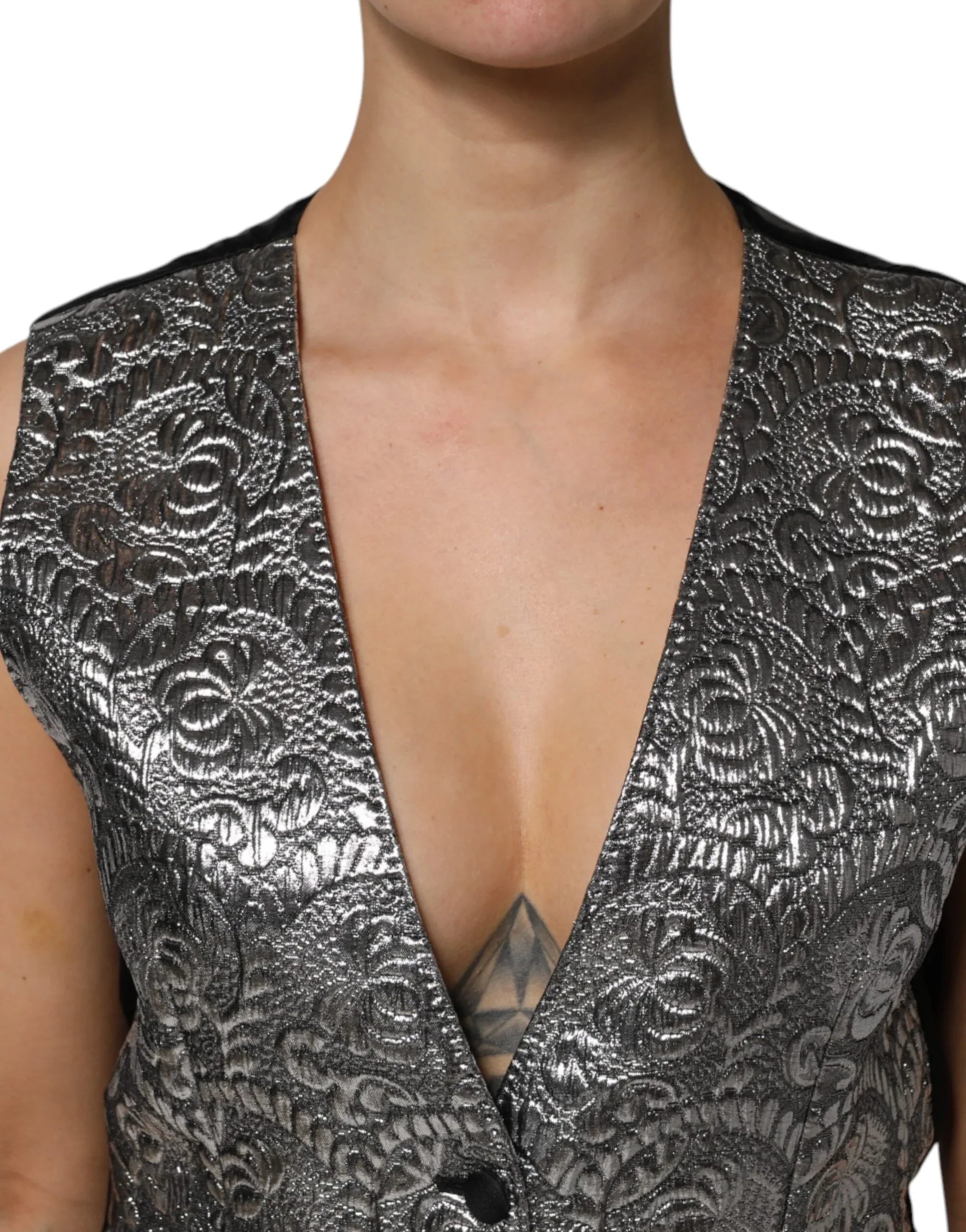Dolce & Gabbana Silver Floral Jacquard Sleeveless Vest Top - Zeiniez