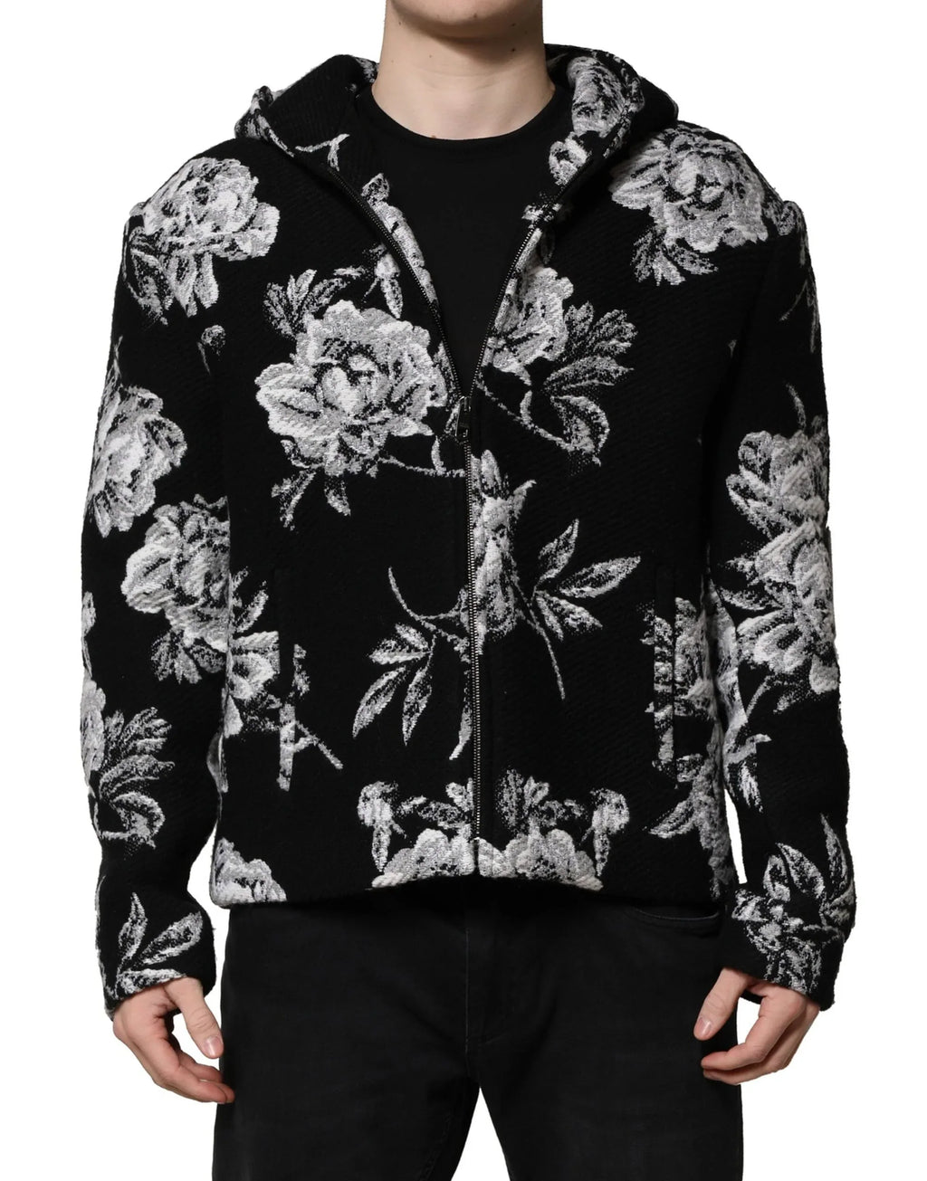 Dolce & Gabbana Black Wool Floral Printed Men Hooded Jacket - Zeiniez