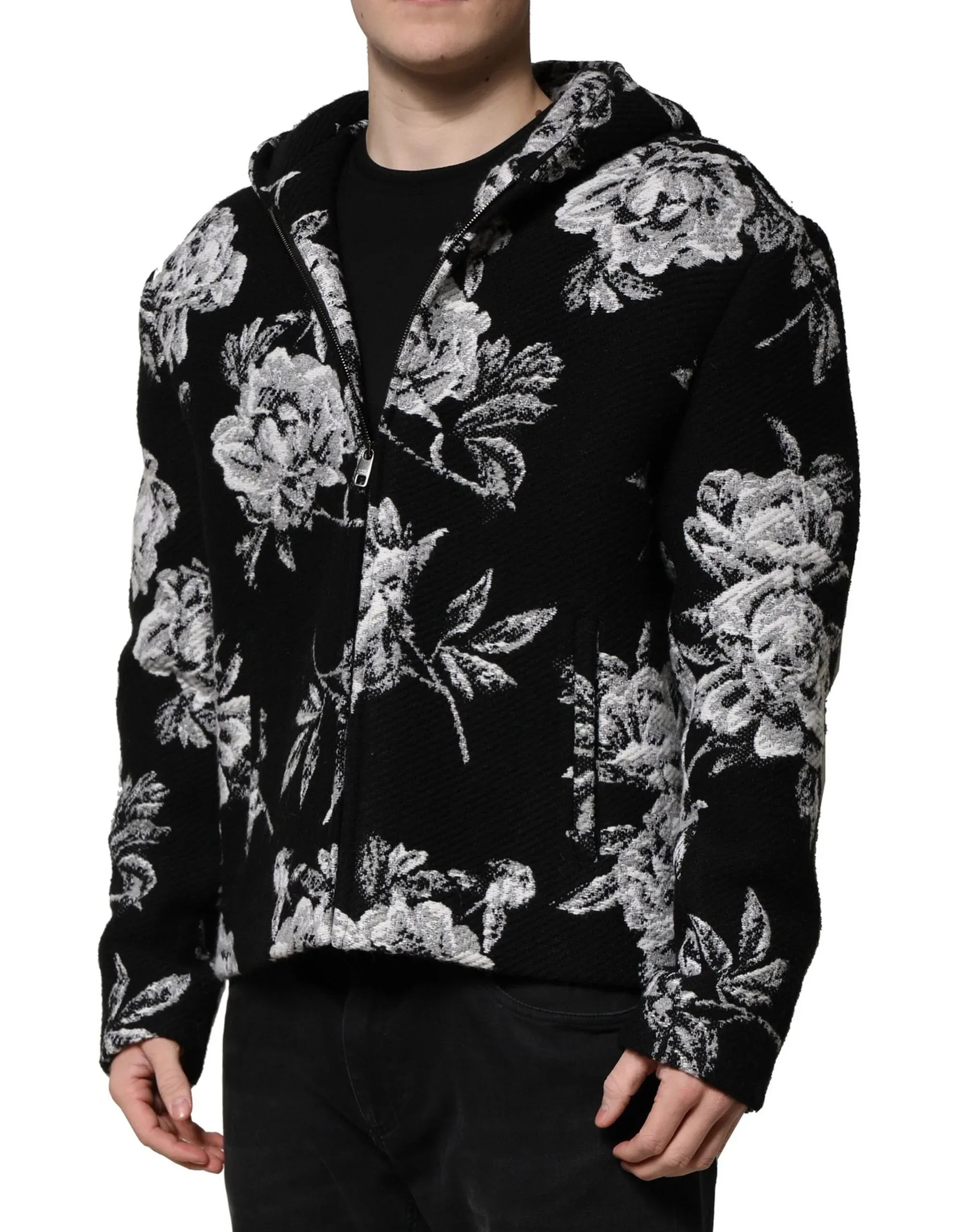 Dolce & Gabbana Black Wool Floral Printed Men Hooded Jacket - Zeiniez