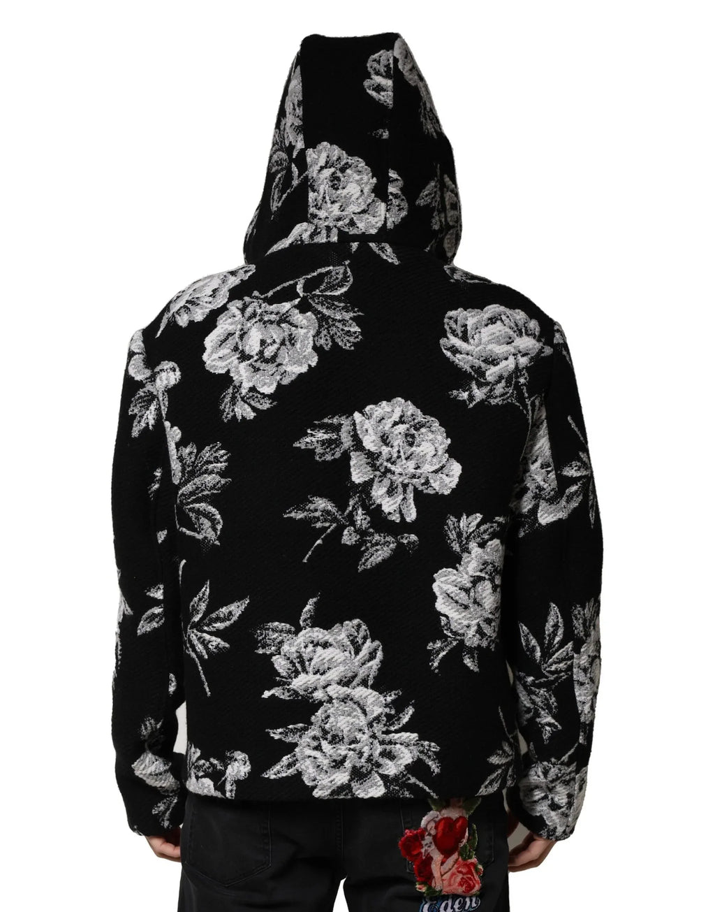 Dolce & Gabbana Black Wool Floral Printed Men Hooded Jacket - Zeiniez