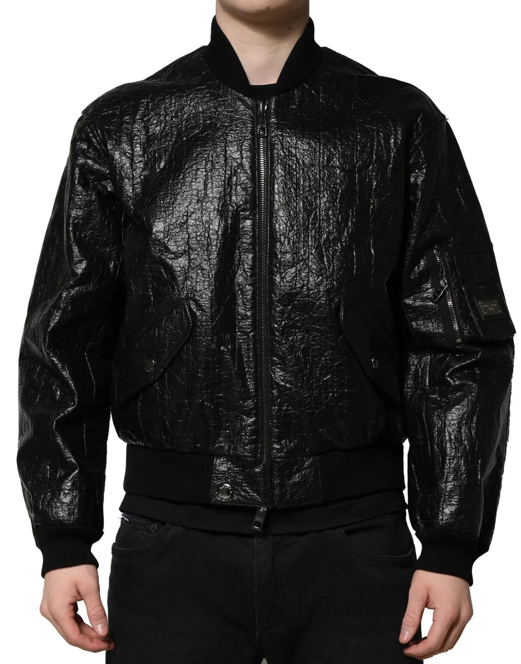Dolce & Gabbana Black Logo Plaque Bomber Full Zipper Jacket - Zeiniez