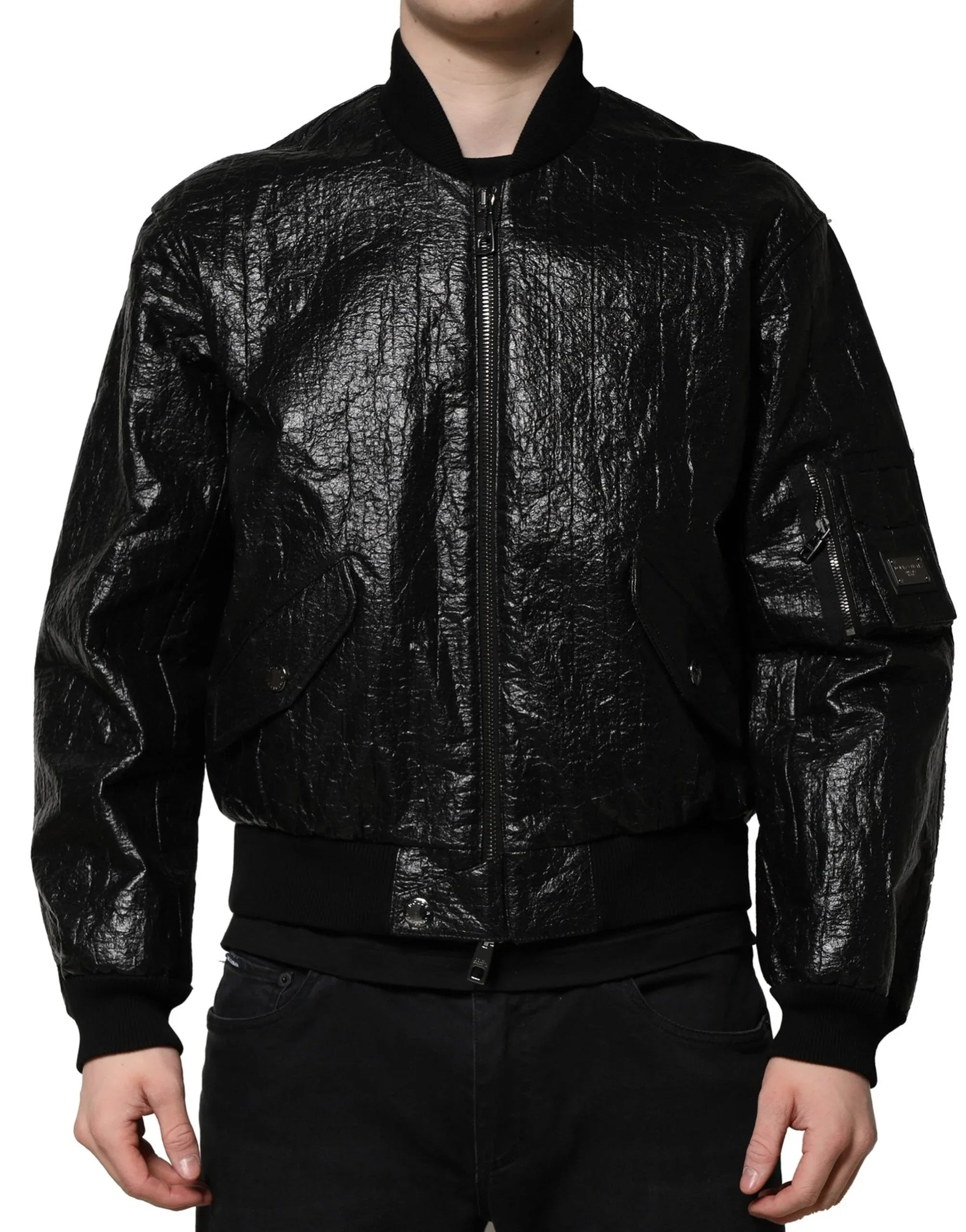 Dolce & Gabbana Black Logo Plaque Bomber Full Zipper Jacket - Zeiniez