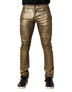 Dolce & Gabbana Gold Tattered Cotton Stretch Slim Denim Jeans - Zeiniez