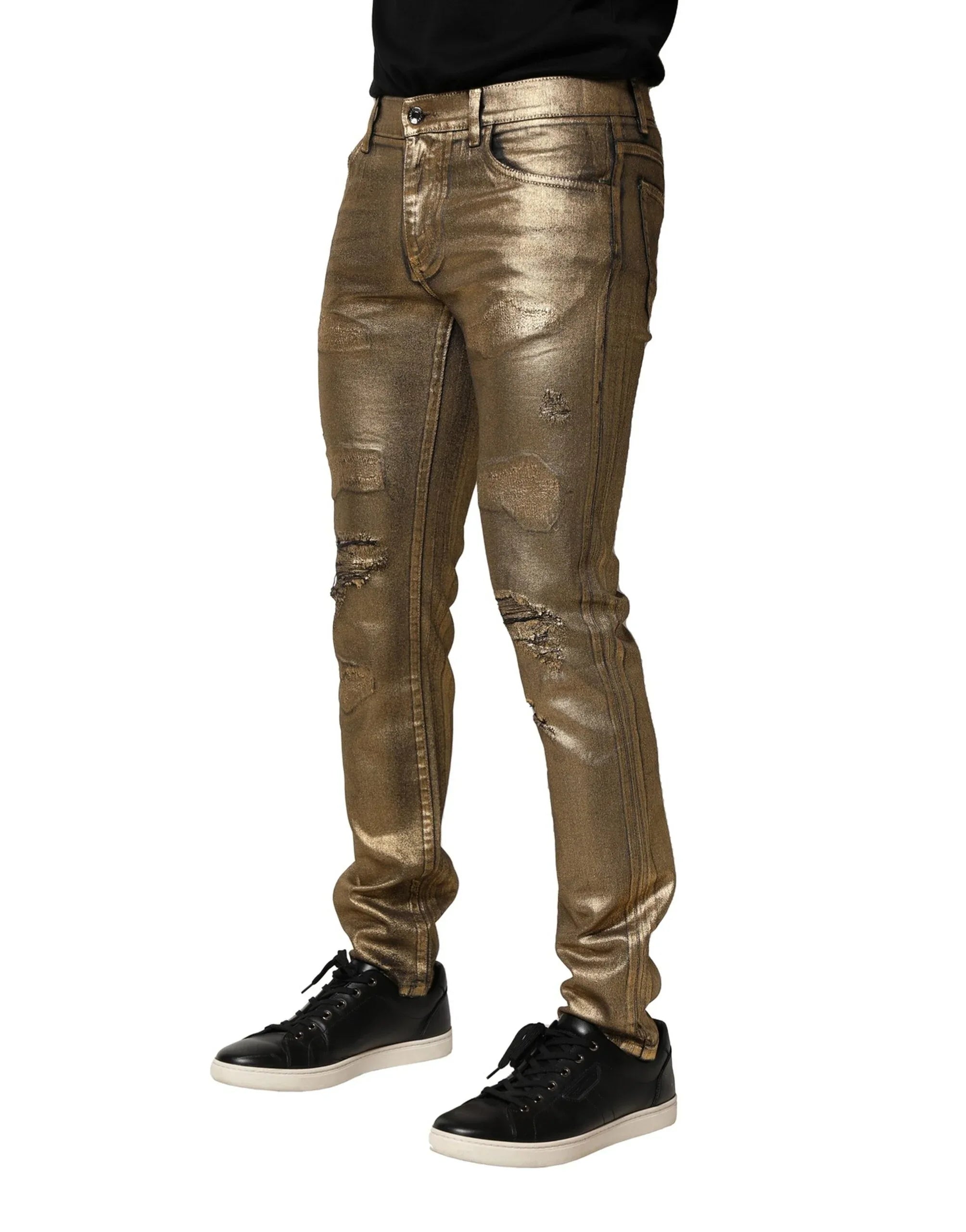 Dolce & Gabbana Gold Tattered Cotton Stretch Slim Denim Jeans - Zeiniez