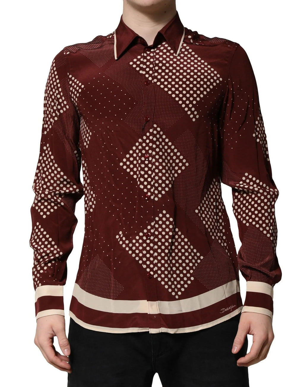 Dolce & Gabbana Maroon Dotted Silk Long Sleeve Casual Shirt - Zeiniez