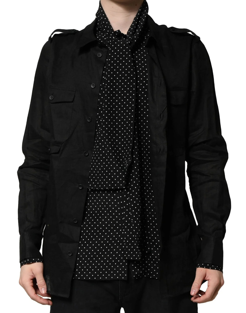 Dolce & Gabbana Black Polka Dot Collar Tie Neck Casual Shirt - Zeiniez