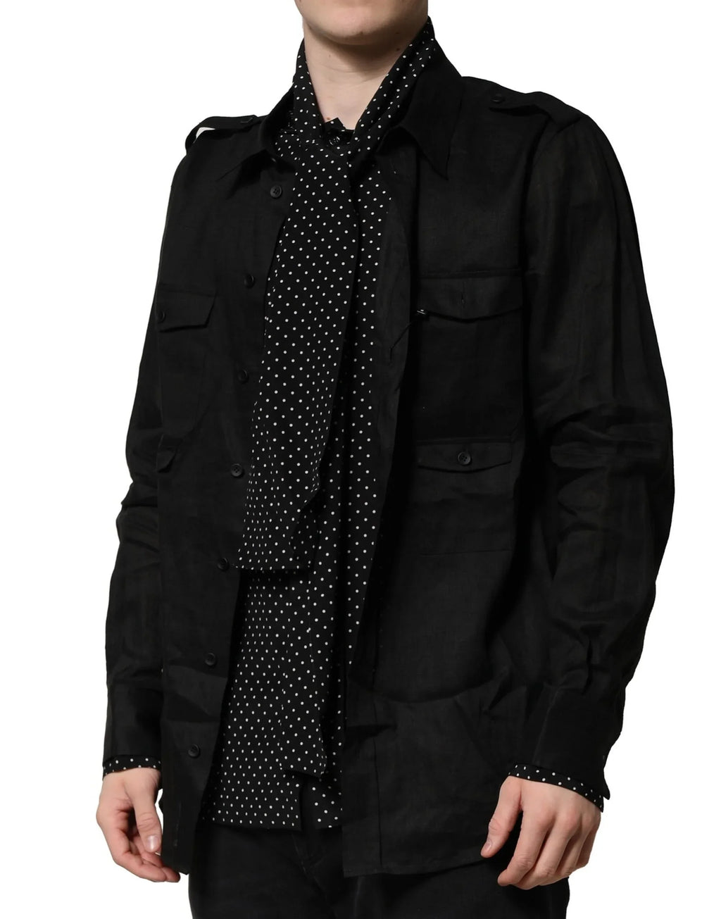 Dolce & Gabbana Black Polka Dot Collar Tie Neck Casual Shirt - Zeiniez