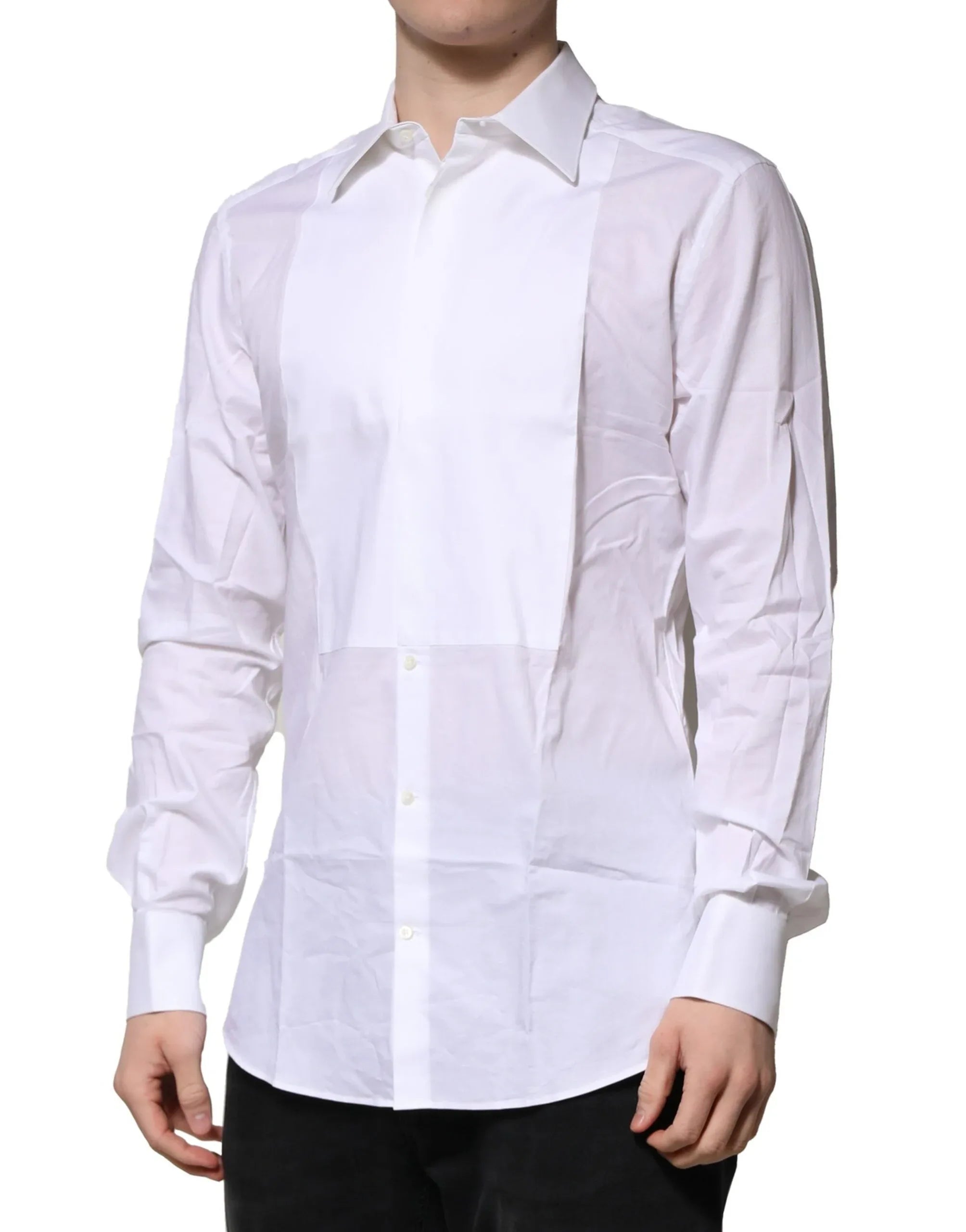 Dolce & Gabbana White Bib Cotton Poplin GOLD Men Formal Shirt - Zeiniez