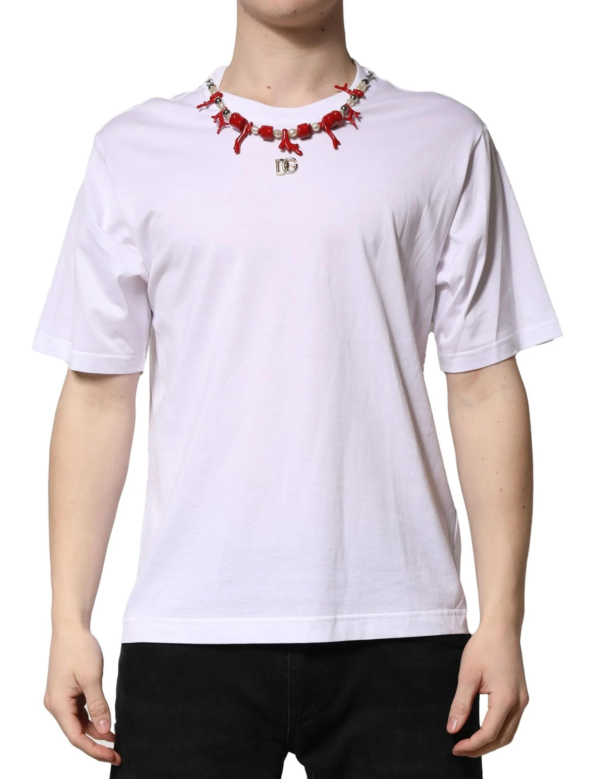 Dolce & Gabbana White Embellished Cotton Crew Neck T-shirt - Zeiniez