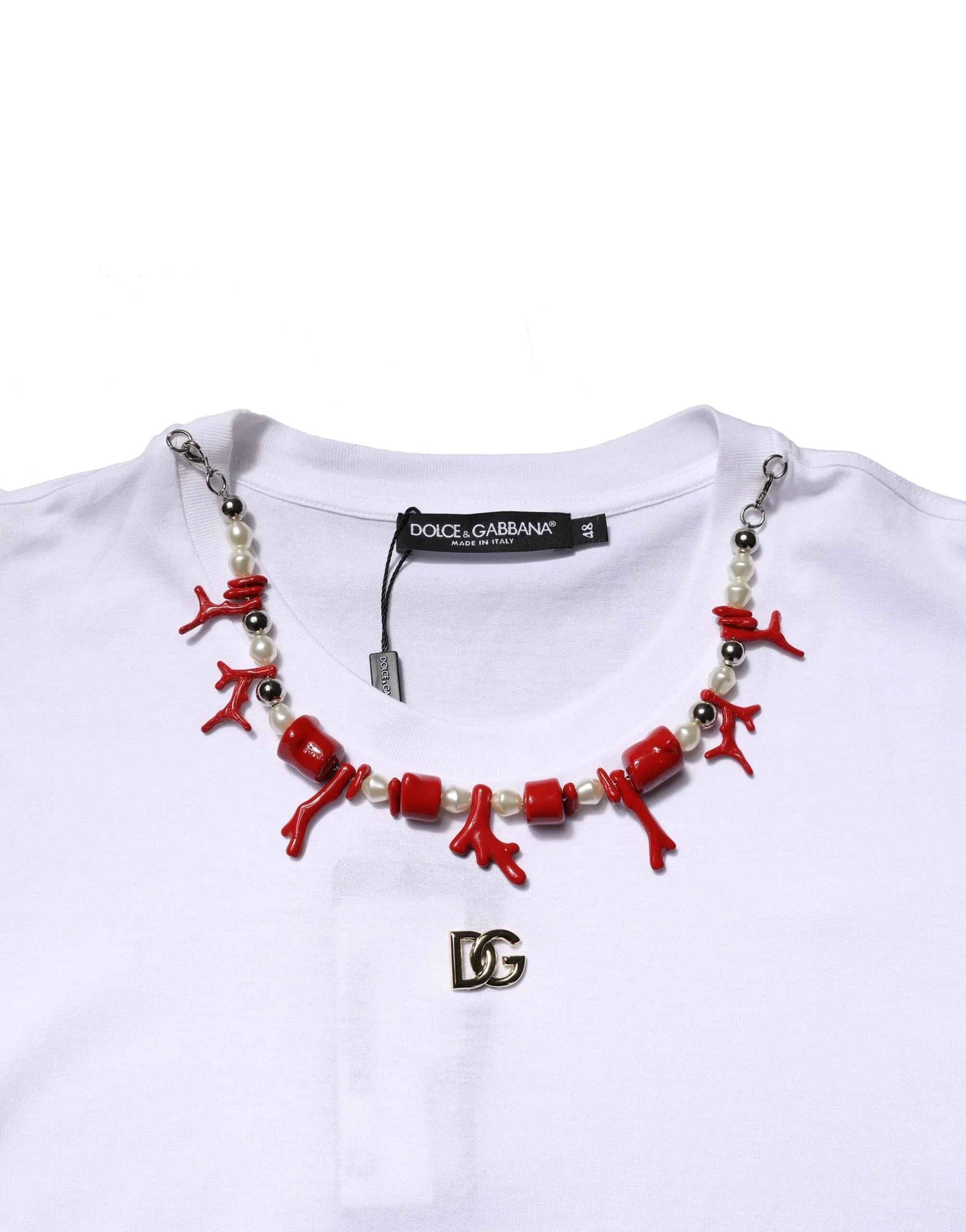 Dolce & Gabbana White Embellished Cotton Crew Neck T-shirt - Zeiniez