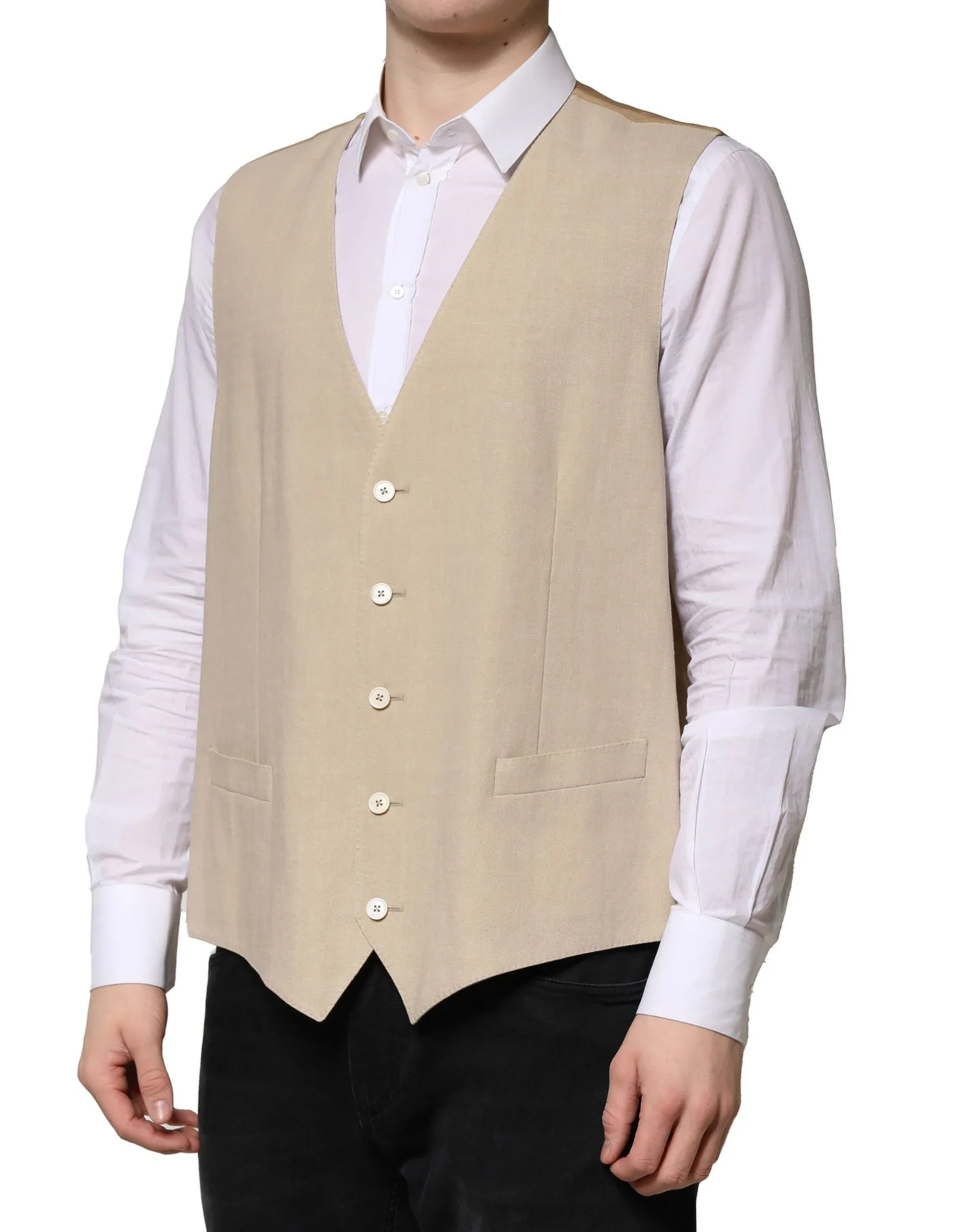 Dolce & Gabbana Beige Linen Dress Formal Men Waistcoat Vest - Zeiniez