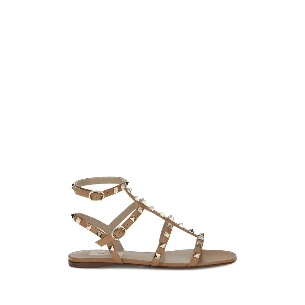 Valentino Garavani Beige Calf Leather Bos Taurus Flat Sandals - Zeiniez