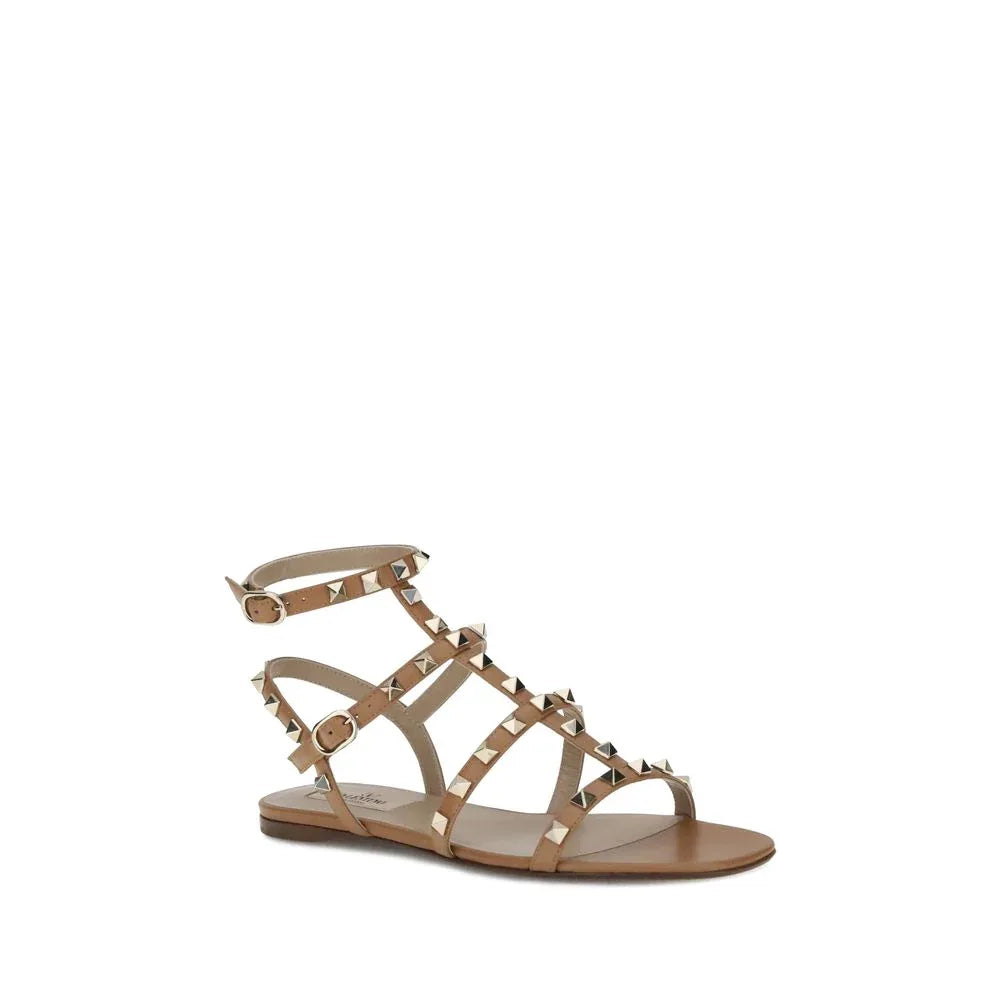 Valentino Garavani Beige Calf Leather Bos Taurus Flat Sandals - Zeiniez