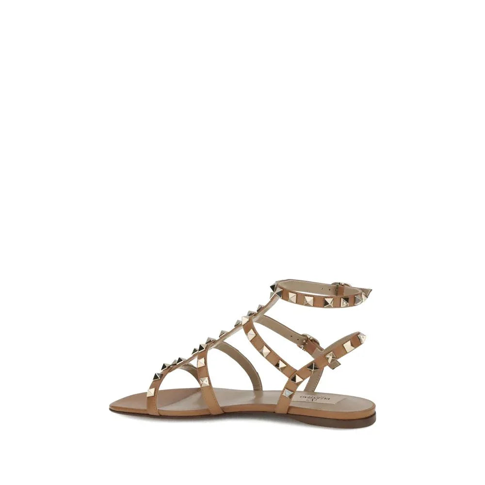 Valentino Garavani Beige Calf Leather Bos Taurus Flat Sandals - Zeiniez