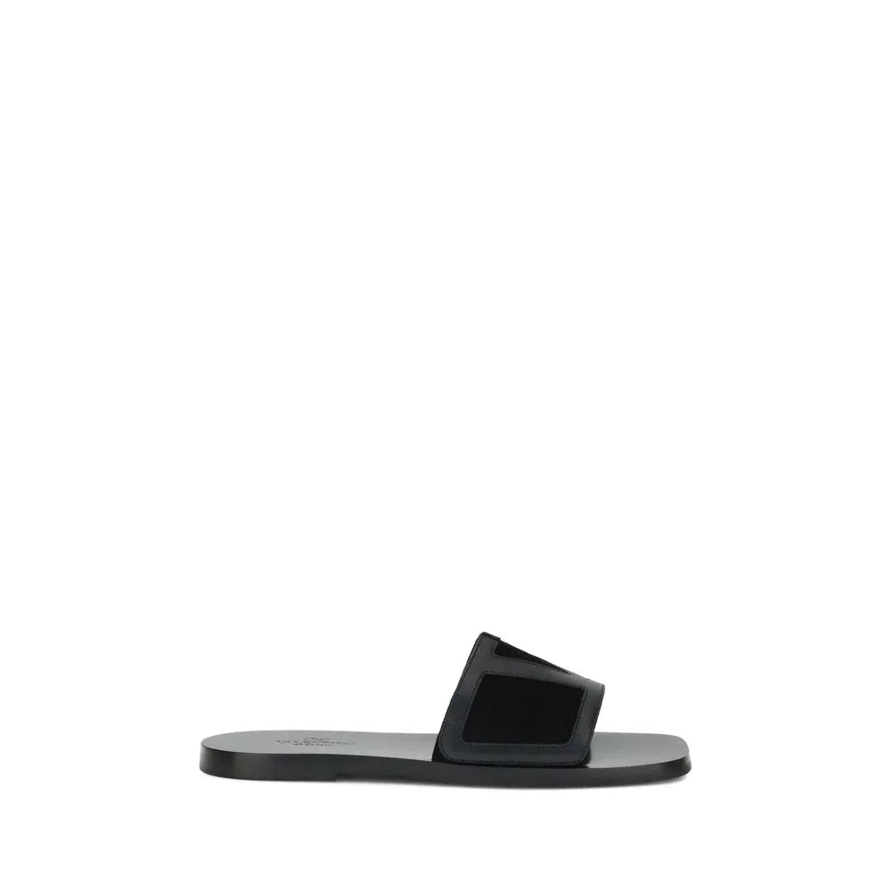 Valentino Garavani Black Calf Leather Bos Taurus Flat Sandals - Zeiniez