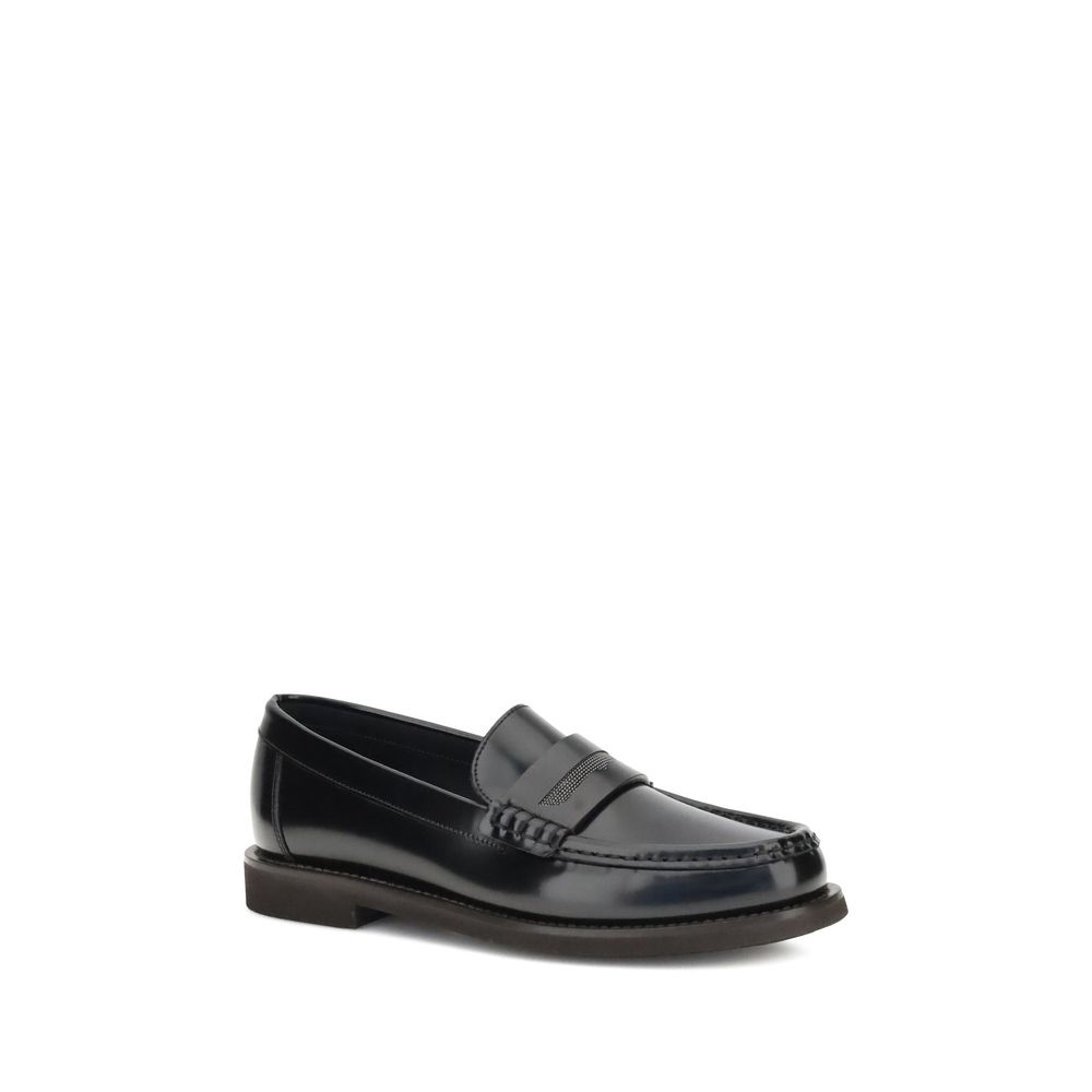 Brunello Cucinelli Black Calf Leather Bos Taurus Slip-On Loafers - Zeiniez