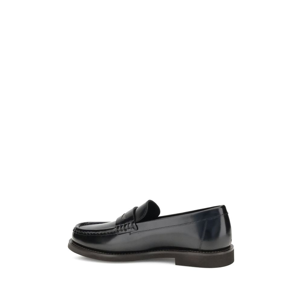 Brunello Cucinelli Black Calf Leather Bos Taurus Slip-On Loafers - Zeiniez
