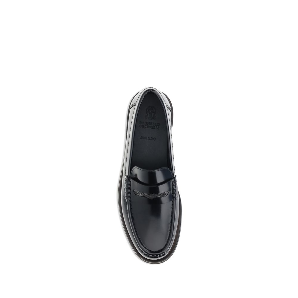Brunello Cucinelli Black Calf Leather Bos Taurus Slip-On Loafers - Zeiniez