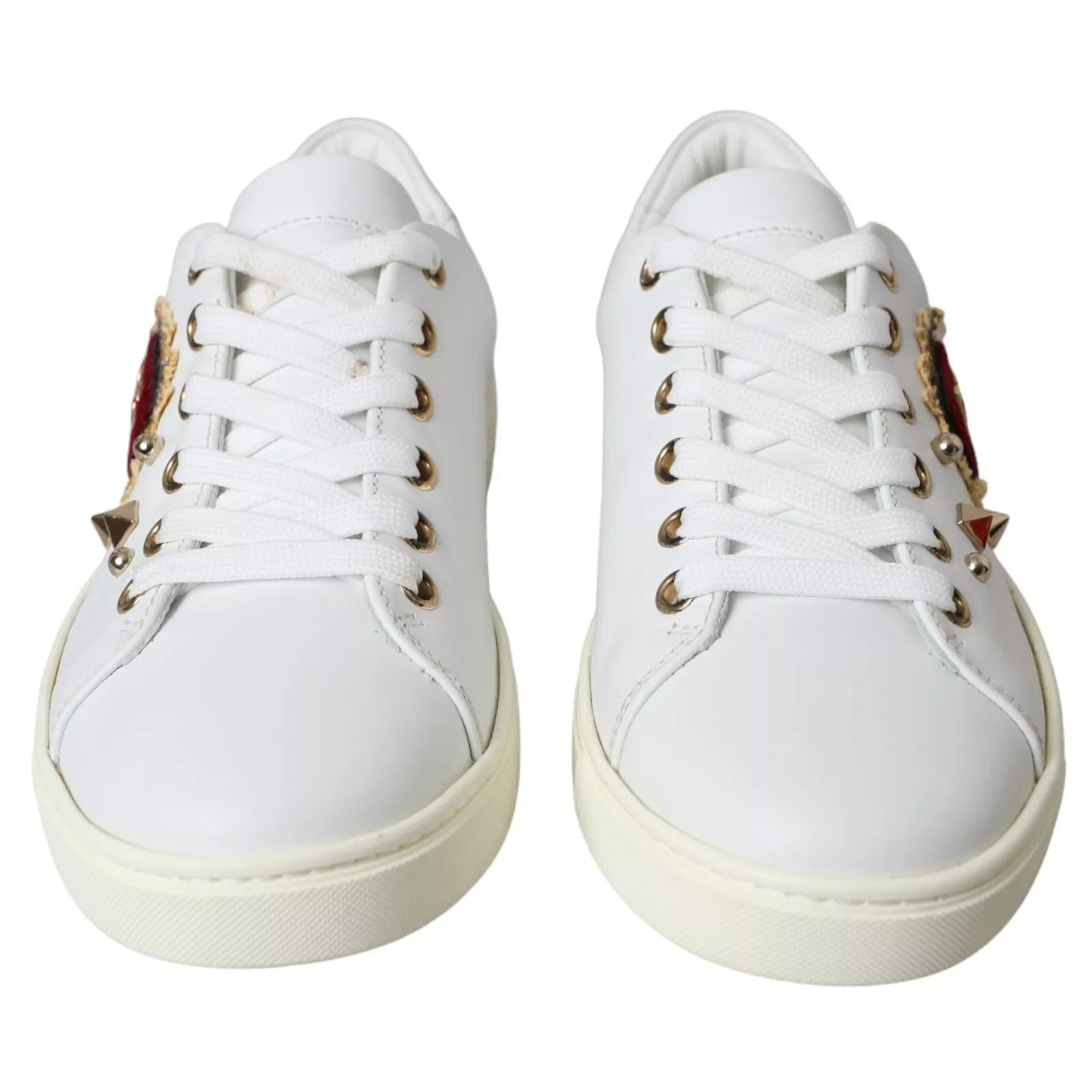 Dolce & Gabbana White Leather Gold Red Heart Sneakers Shoes - Zeiniez