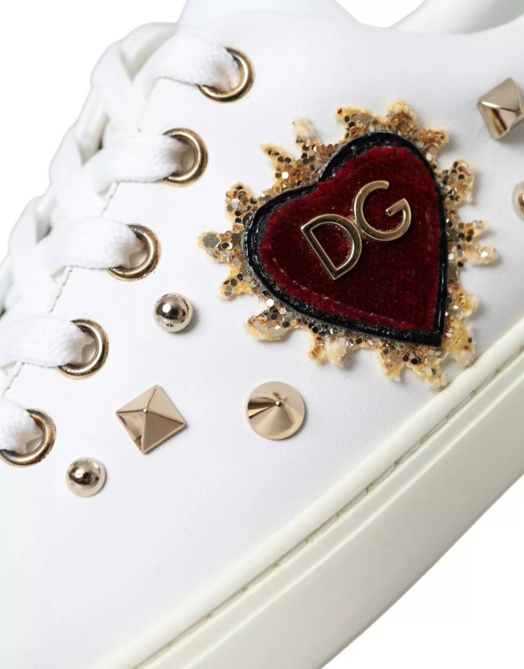 Dolce & Gabbana White Leather Gold Red Heart Sneakers Shoes - Zeiniez