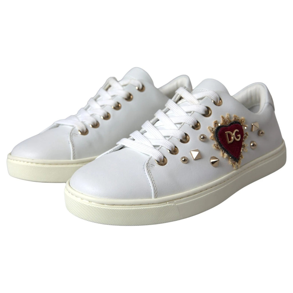 Dolce & Gabbana White Leather Gold Red Heart Sneakers Shoes - Zeiniez