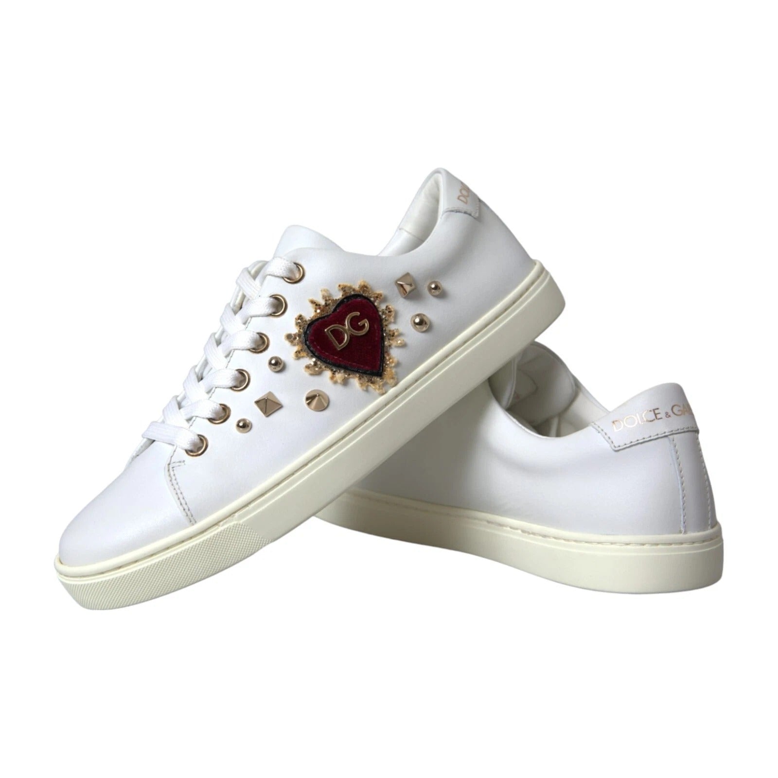 Dolce & Gabbana White Leather Gold Red Heart Sneakers Shoes - Zeiniez