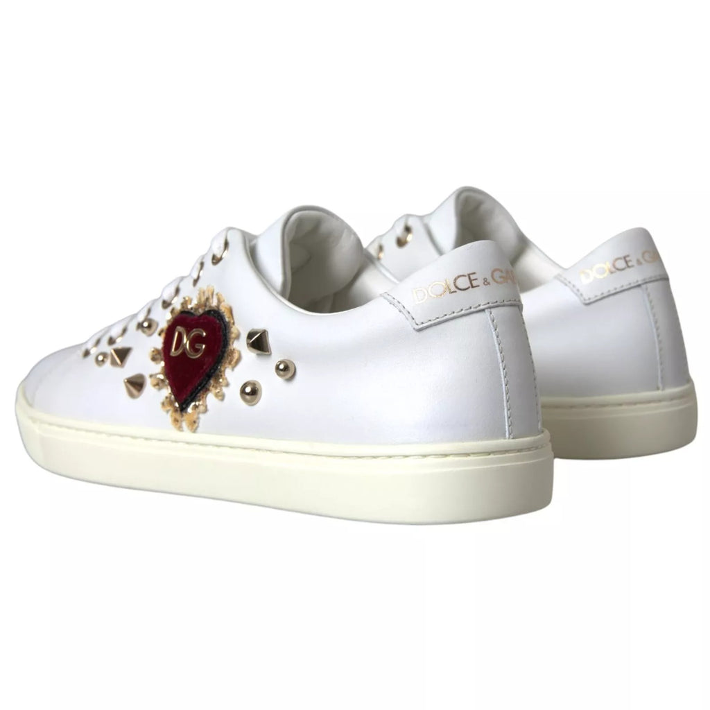 Dolce & Gabbana White Leather Gold Red Heart Sneakers Shoes - Zeiniez