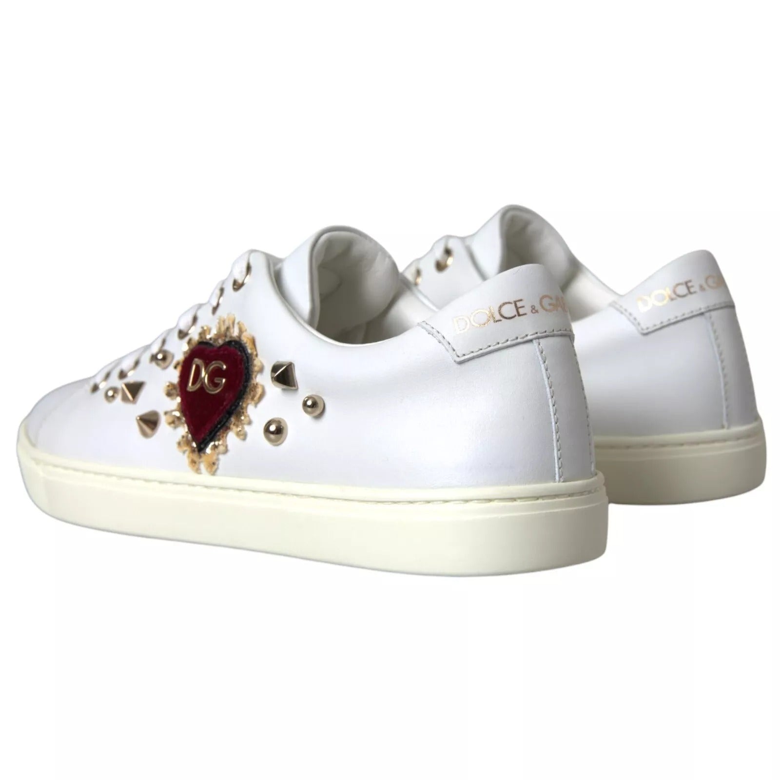 Dolce & Gabbana White Leather Gold Red Heart Sneakers Shoes - Zeiniez