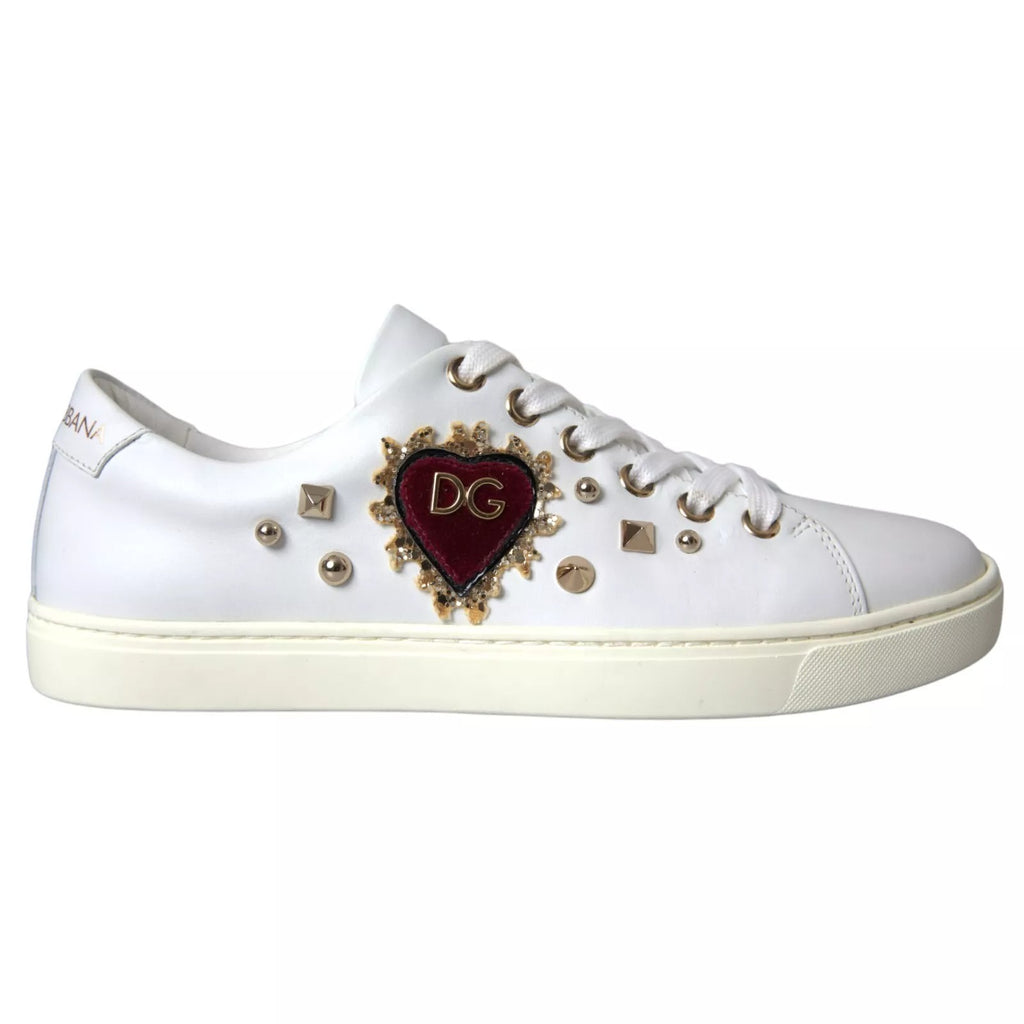 Dolce & Gabbana White Leather Gold Red Heart Sneakers Shoes - Zeiniez