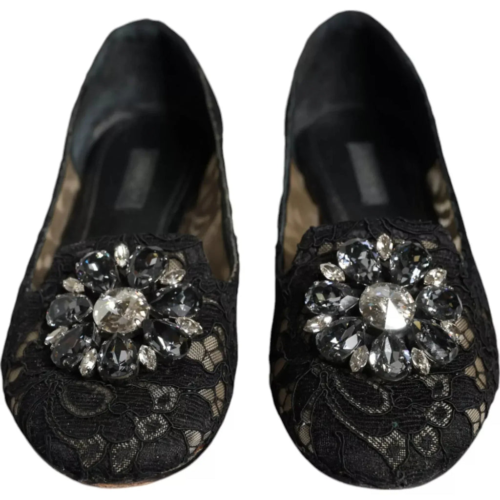 Dolce & Gabbana Black Lace Crystal Ballet Flats Loafer Shoes - Zeiniez