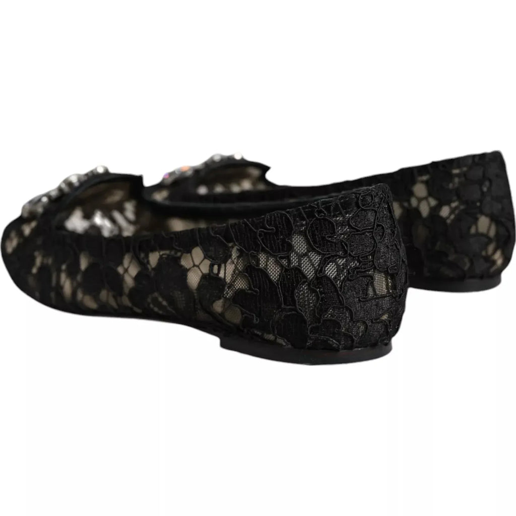 Dolce & Gabbana Black Lace Crystal Ballet Flats Loafer Shoes - Zeiniez