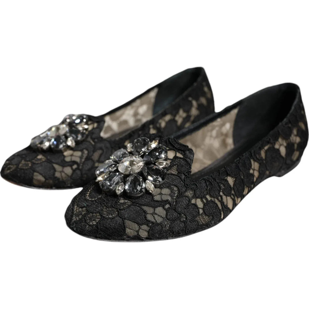 Dolce & Gabbana Black Lace Crystal Ballet Flats Loafer Shoes - Zeiniez