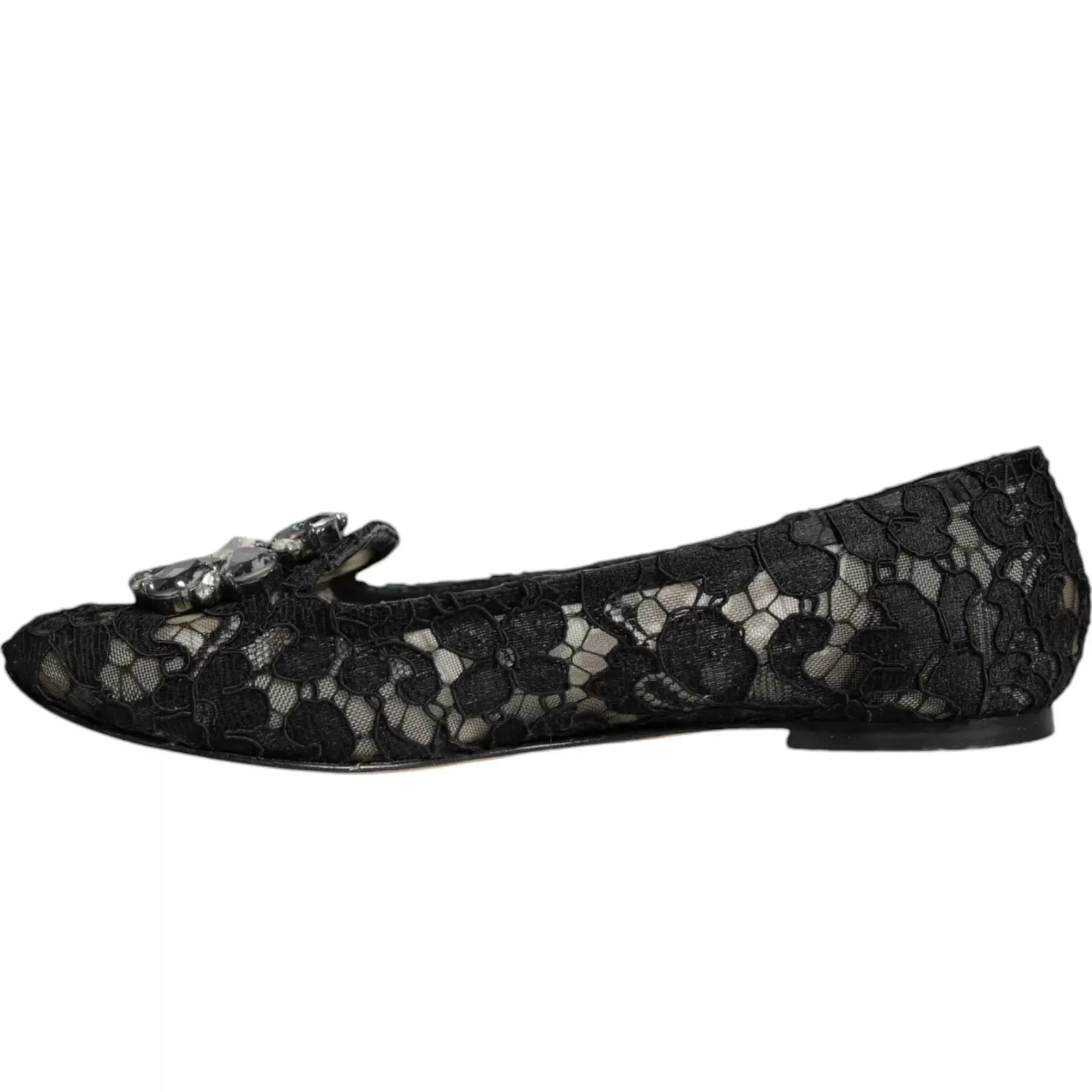 Dolce & Gabbana Black Lace Crystal Ballet Flats Loafer Shoes - Zeiniez