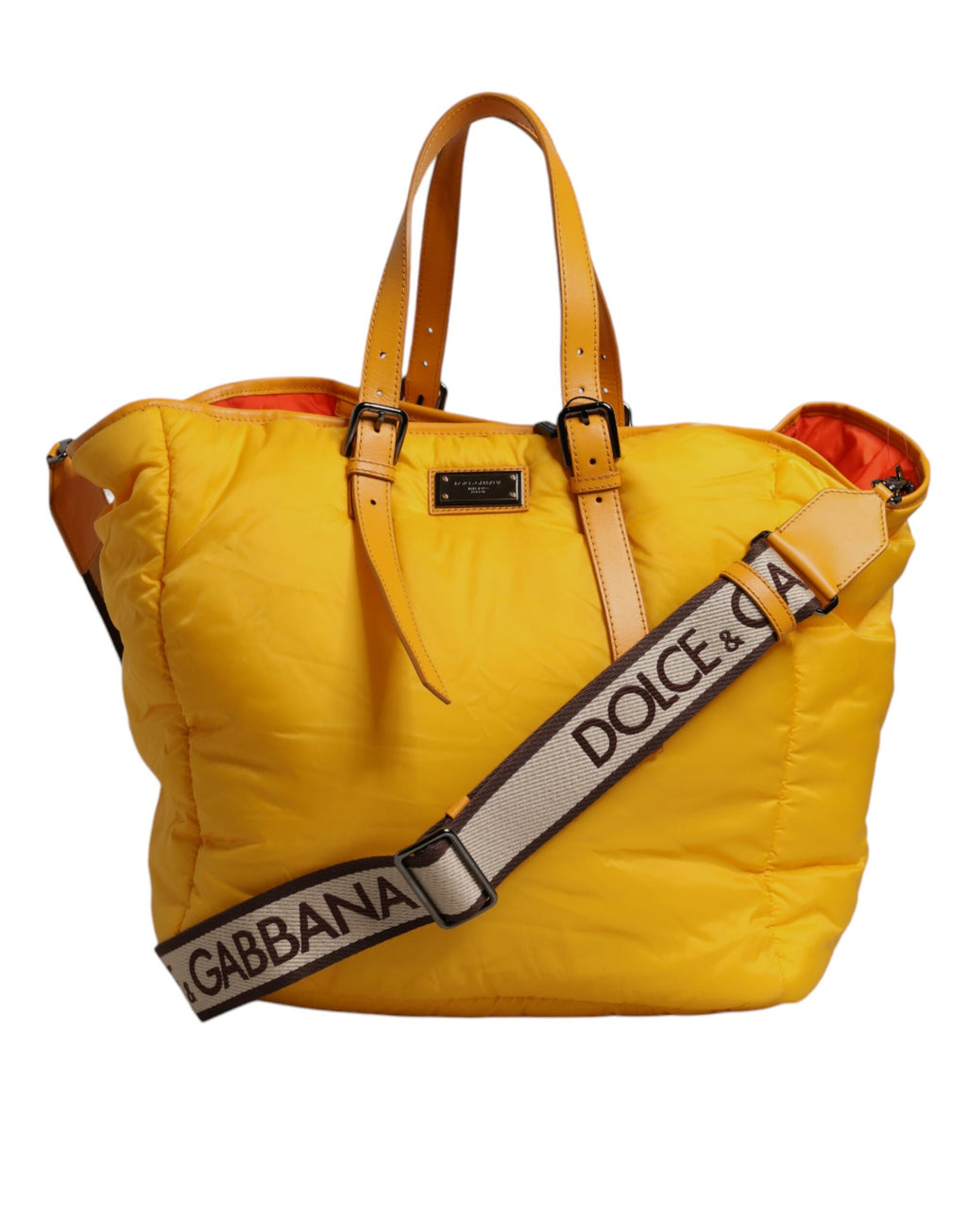 Dolce & Gabbana Yellow Orange Nylon Logo Plaque Hand Shoulder Tote Bag - Zeiniez