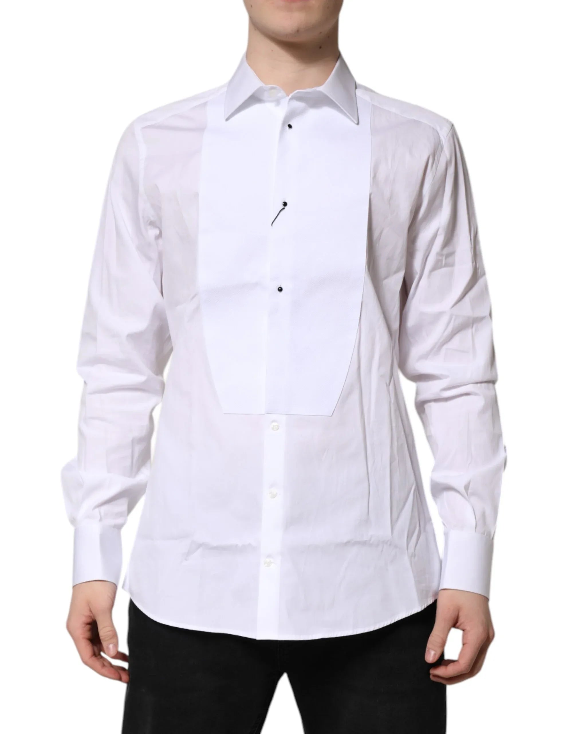 Dolce & Gabbana White Silk Bib Poplin GOLD Men Formal Shirt - Zeiniez