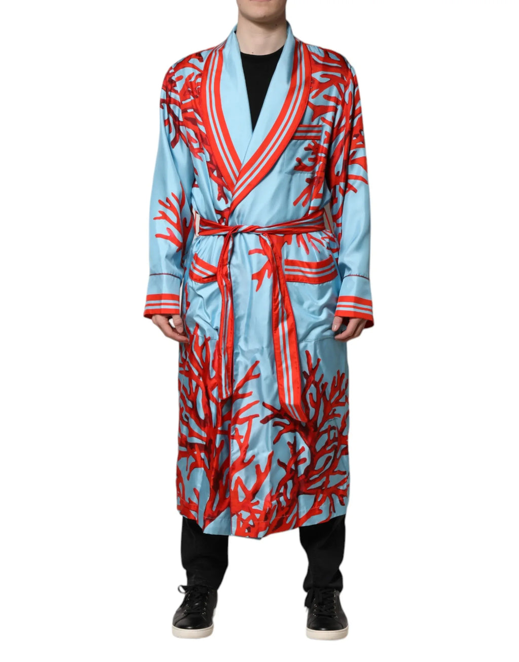 Dolce & Gabbana Blue Red Coral Print Wrap Robe Coat Jacket - Zeiniez