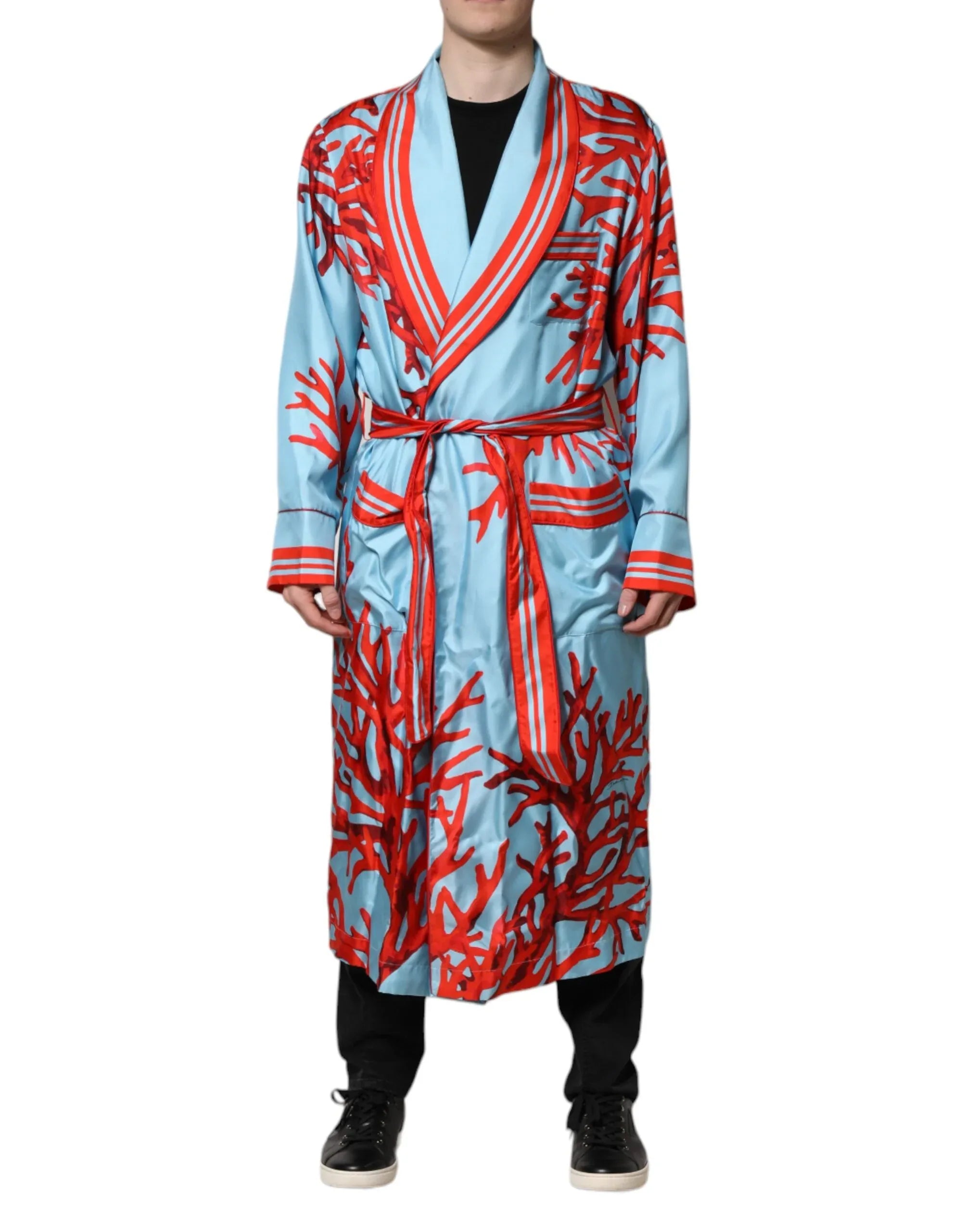 Dolce & Gabbana Blue Red Coral Print Wrap Robe Coat Jacket - Zeiniez