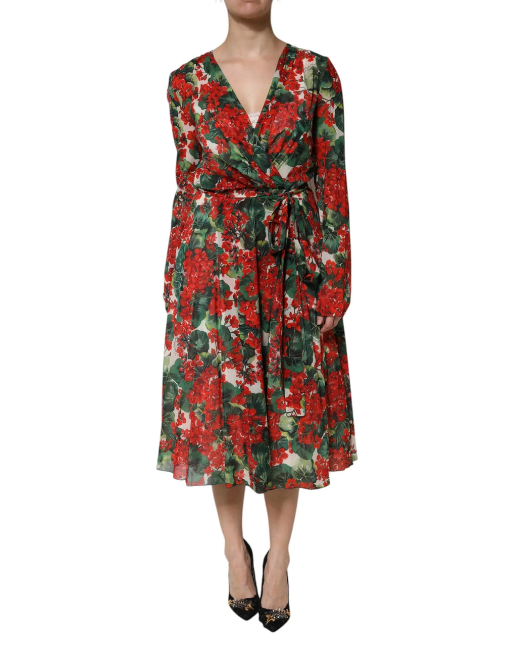 Dolce & Gabbana Multicolor Floral Long Sleeves V-neck Dress - Zeiniez