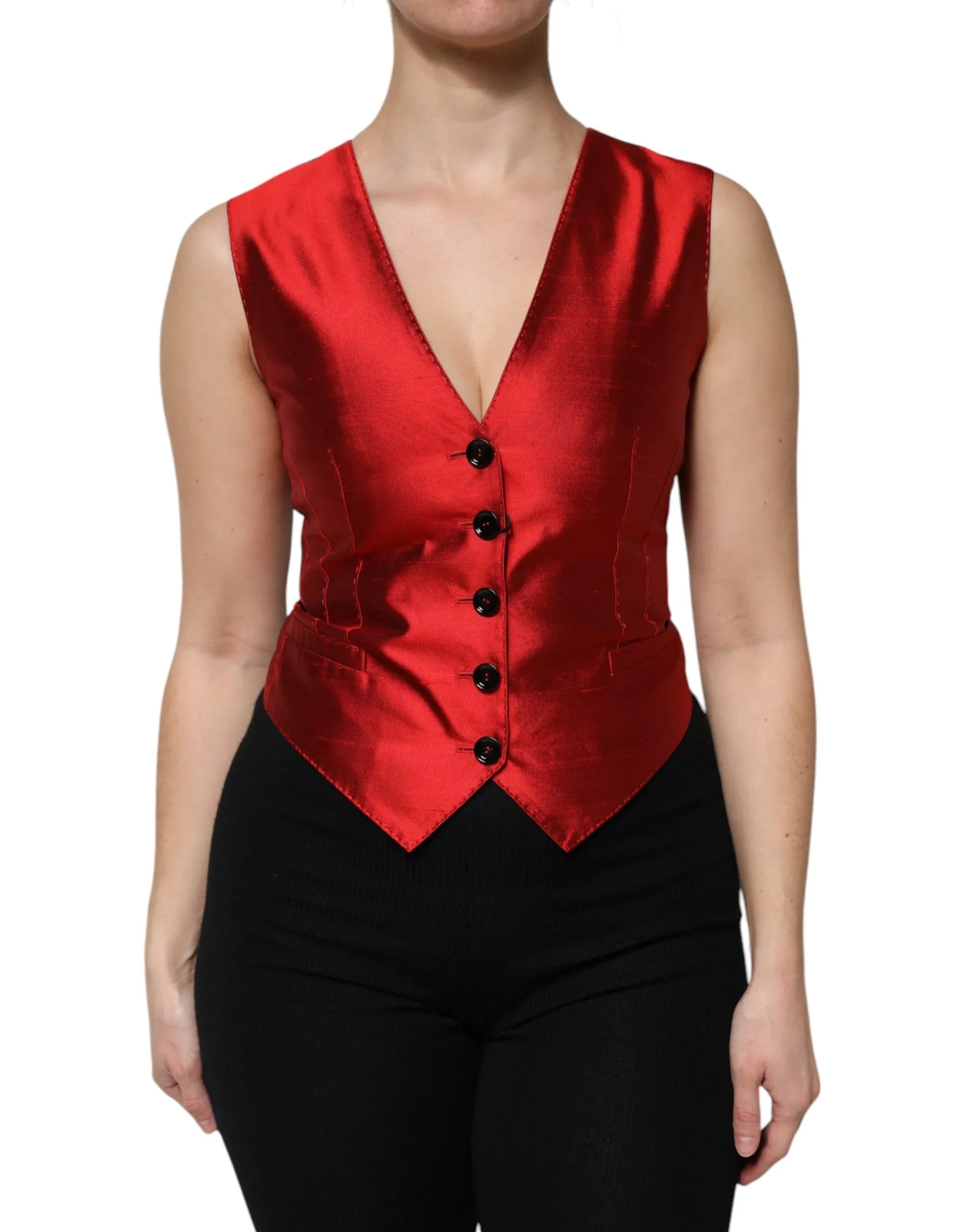 Dolce & Gabbana Red Black Button Down Sleeveless Vest Top - Zeiniez