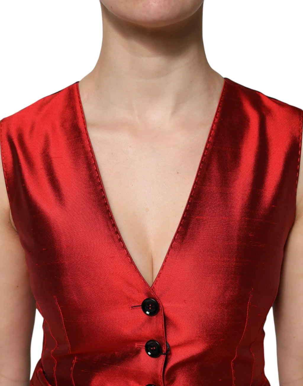 Dolce & Gabbana Red Black Button Down Sleeveless Vest Top - Zeiniez
