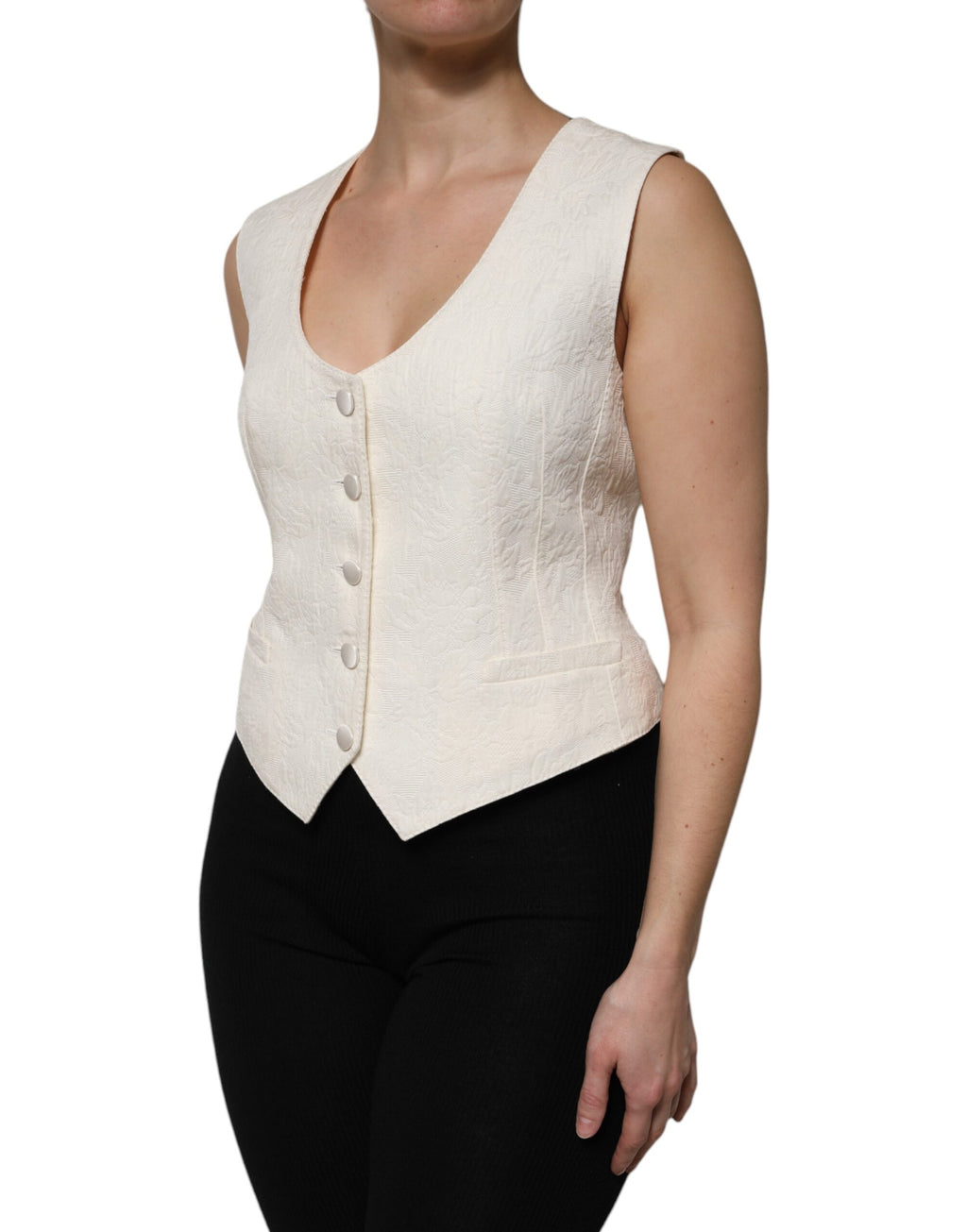 Dolce & Gabbana Ivory Cotton Button Down Sleeveless Vest Top