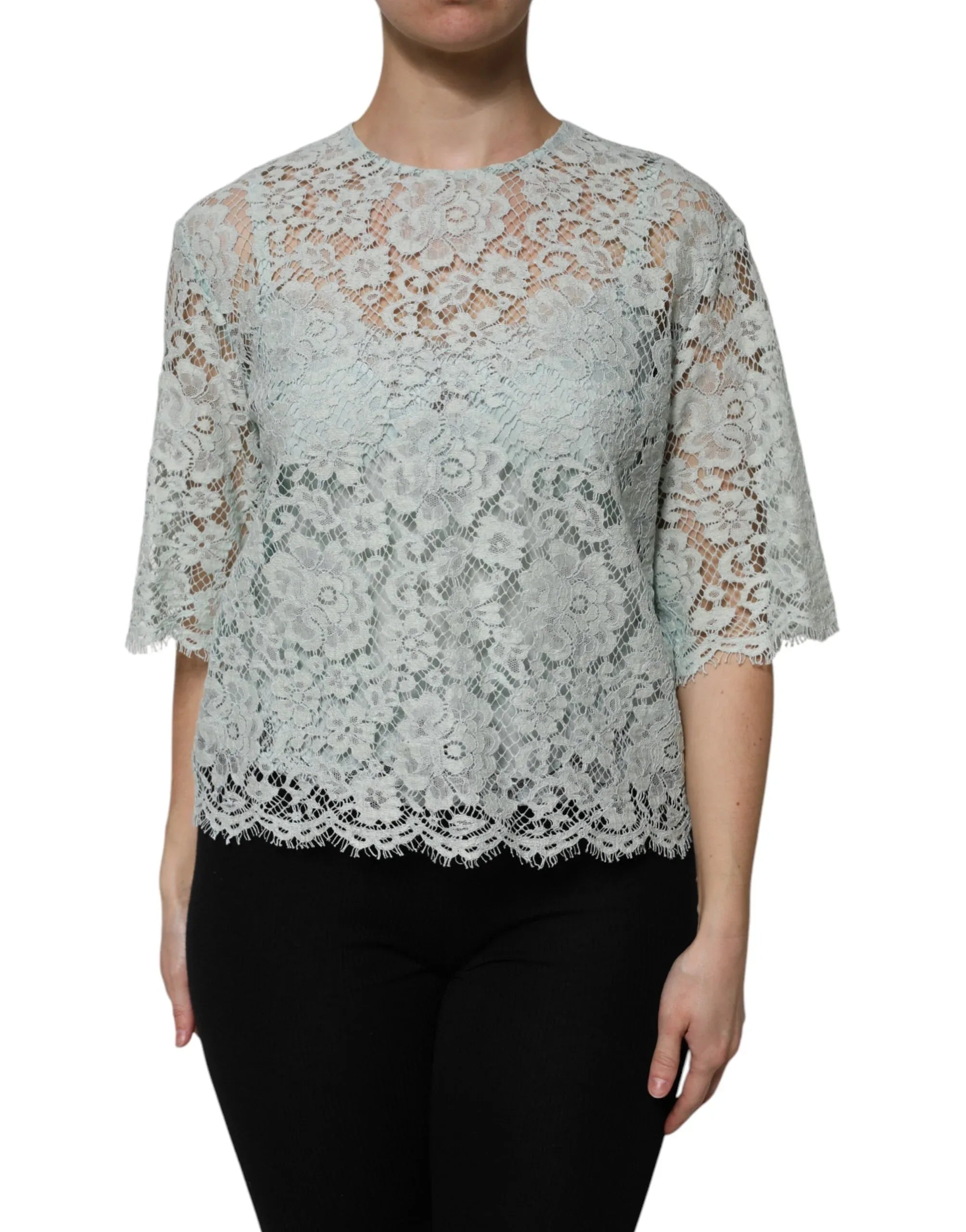 Dolce & Gabbana Mint Green Floral Lace Cotton Blouse Top - Zeiniez