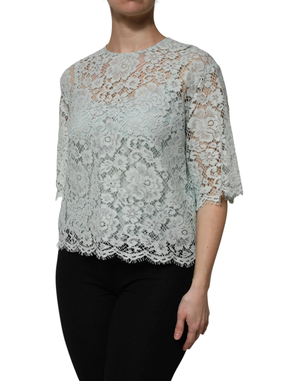 Dolce & Gabbana Mint Green Floral Lace Cotton Blouse Top - Zeiniez