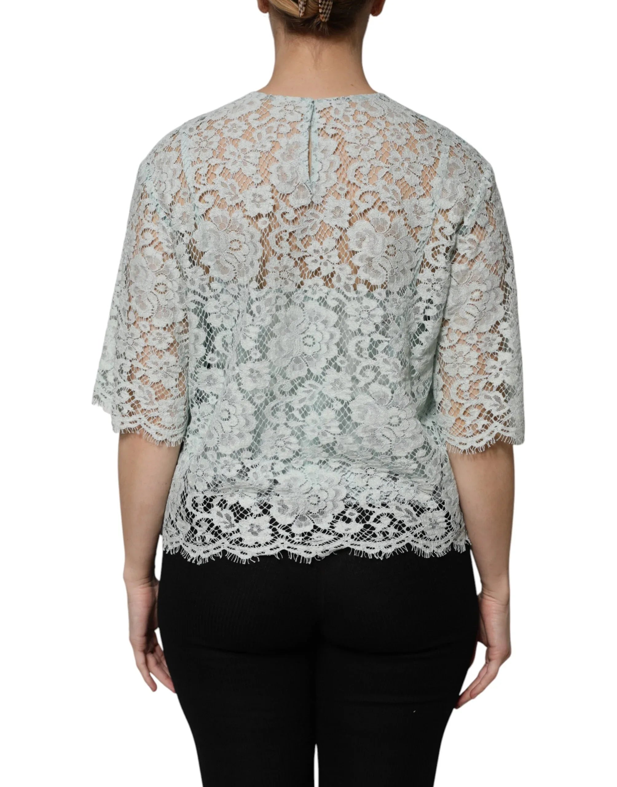 Dolce & Gabbana Mint Green Floral Lace Cotton Blouse Top - Zeiniez
