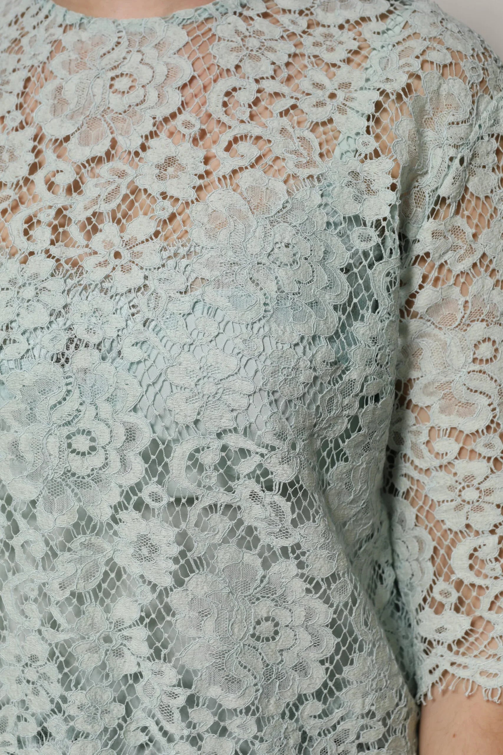 Dolce & Gabbana Mint Green Floral Lace Cotton Blouse Top - Zeiniez