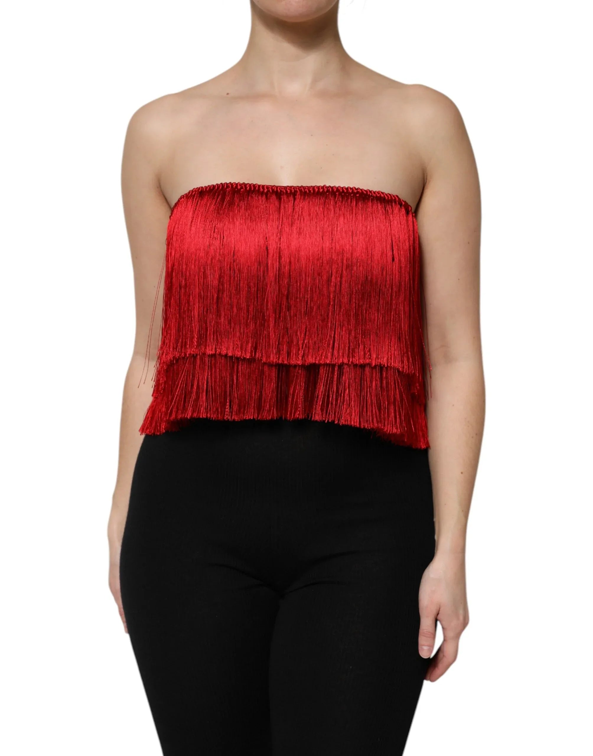 Dolce & Gabbana Red Silk Strapless Fringe Crop Tube Top - Zeiniez