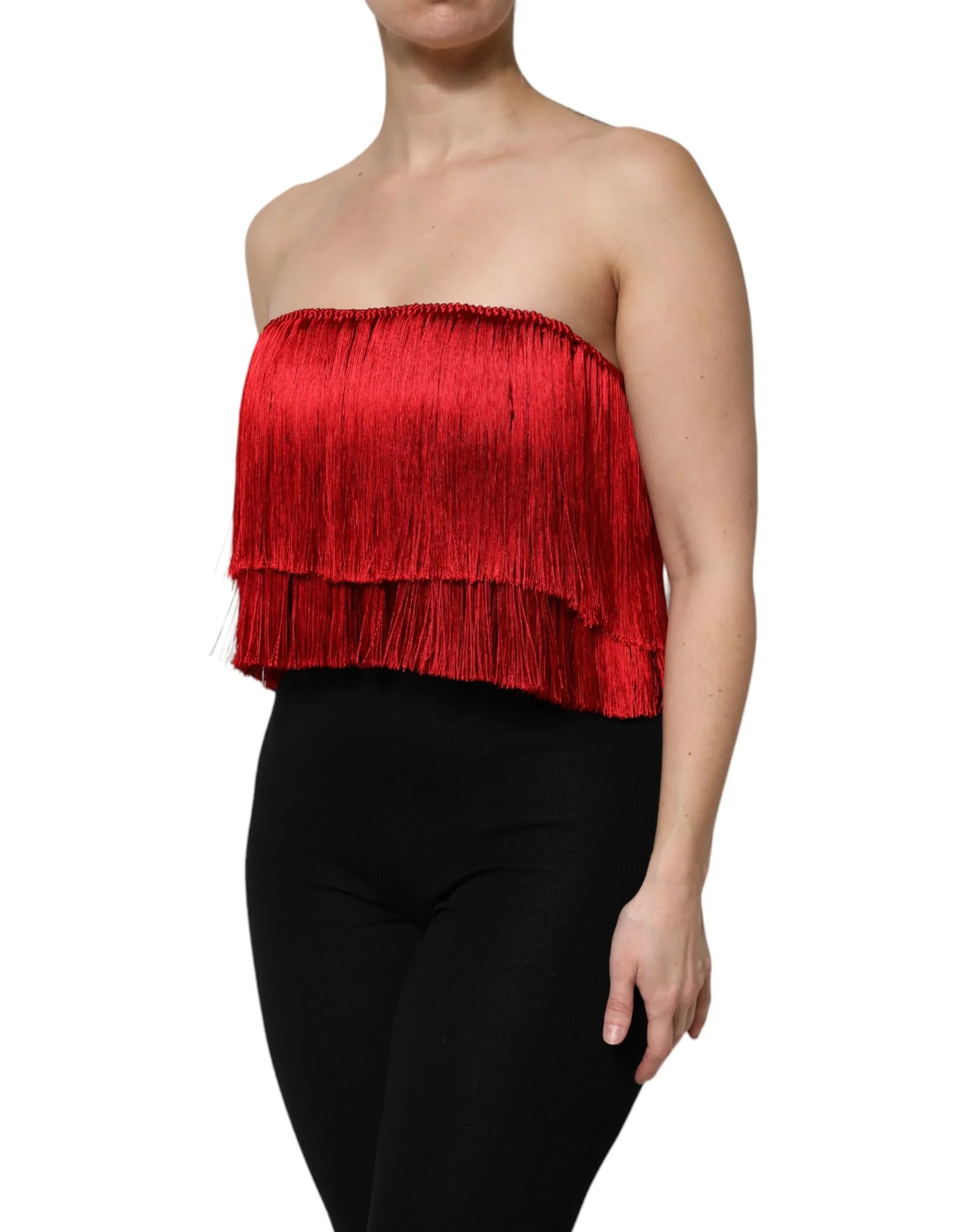 Dolce & Gabbana Red Silk Strapless Fringe Crop Tube Top - Zeiniez