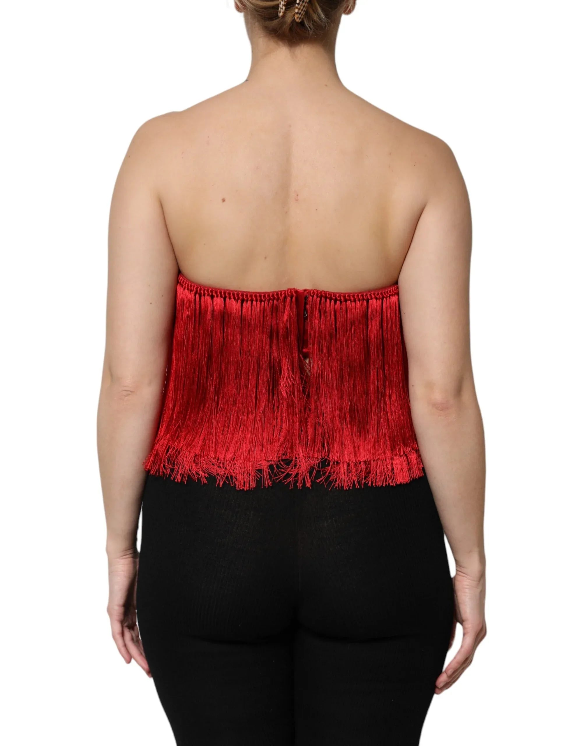 Dolce & Gabbana Red Silk Strapless Fringe Crop Tube Top - Zeiniez