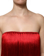 Dolce & Gabbana Red Silk Strapless Fringe Crop Tube Top - Zeiniez
