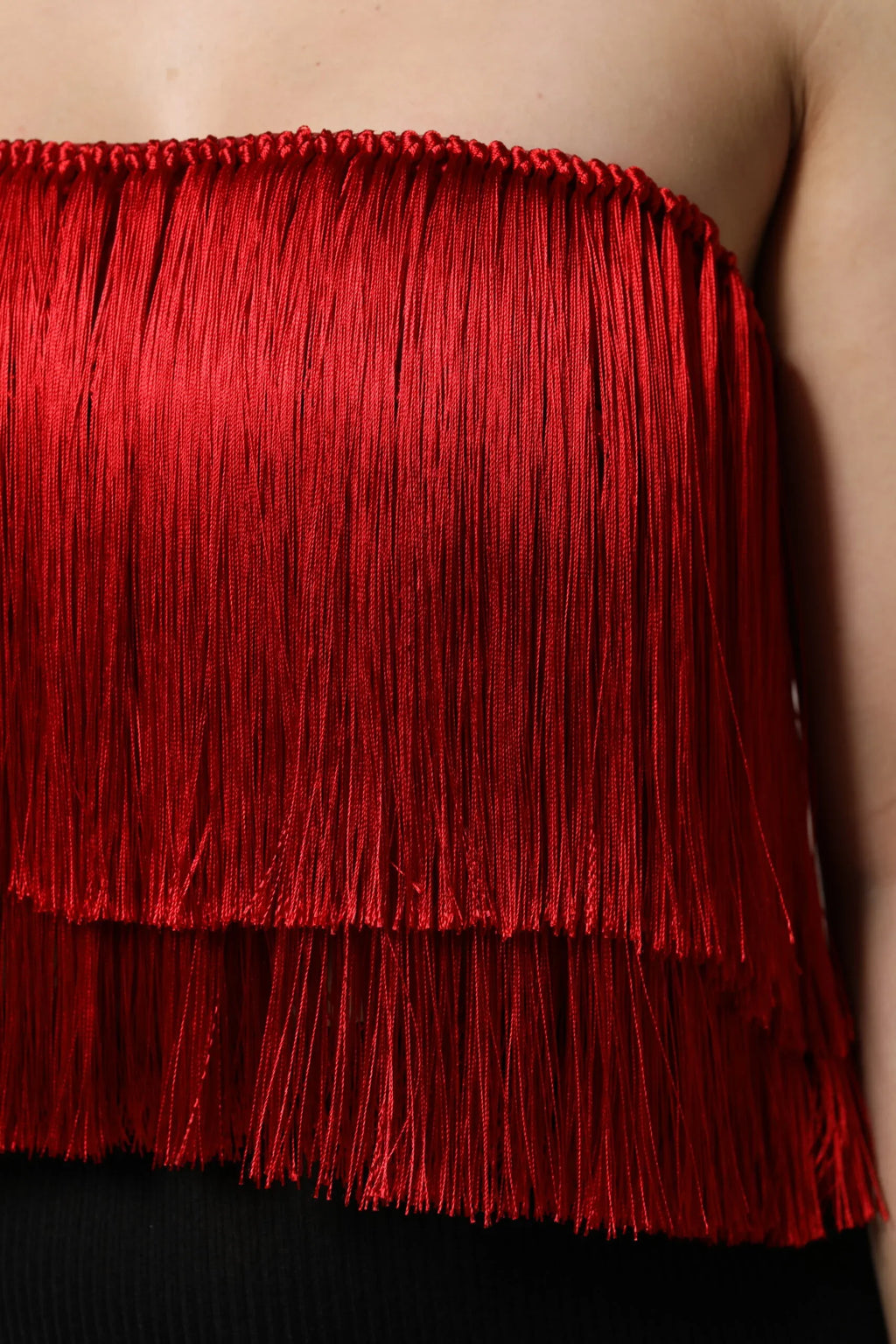 Dolce & Gabbana Red Silk Strapless Fringe Crop Tube Top - Zeiniez